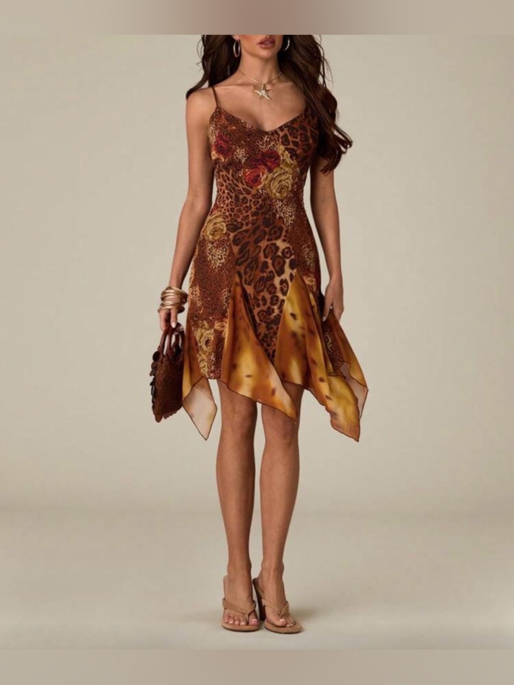Asymmetrical Brown Leopard & Floral Slip Dress with Handkerchief Hem
